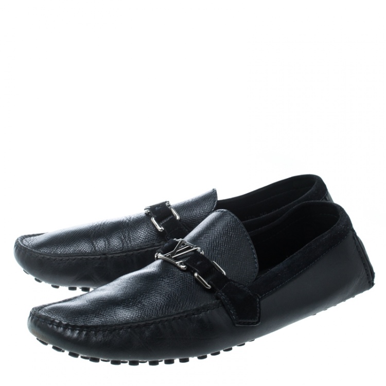 Pre Owned Louis Vuitton Black Leather and Suede Hockenheim Loafers Size 44.5