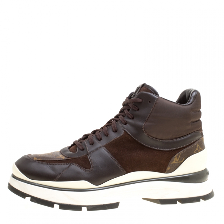 Pre Owned Louis Vuitton Brown Monogram Canvas and Leather Platform High Top Sneakers Size 43.5