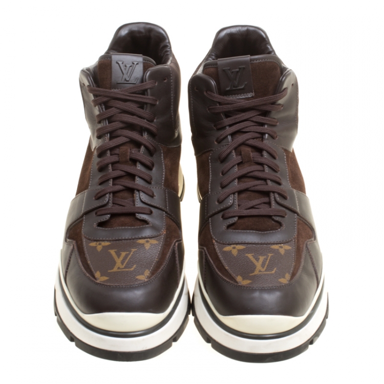 Pre Owned Louis Vuitton Brown Monogram Canvas and Leather Platform High Top Sneakers Size 43.5