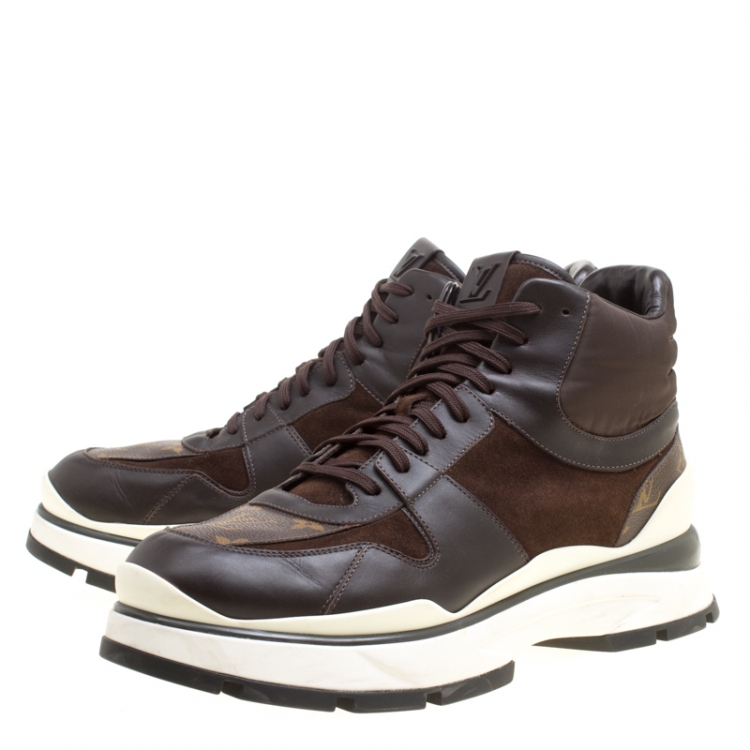 Pre Owned Louis Vuitton Brown Monogram Canvas and Leather Platform High Top Sneakers Size 43.5