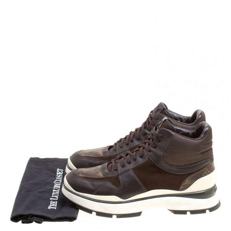 Pre Owned Louis Vuitton Brown Monogram Canvas and Leather Platform High Top Sneakers Size 43.5