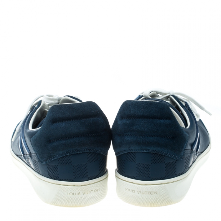 Pre Owned Louis Vuitton Blue Leather and Suede Damier Trimmed Detail Lace Up Sneakers Size 43 