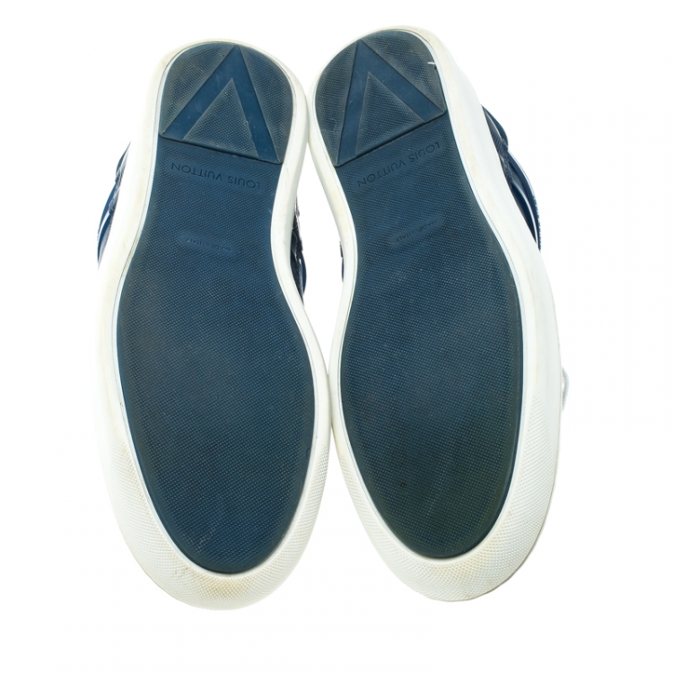 Pre Owned Louis Vuitton Blue Leather and Suede Damier Trimmed Detail Lace Up Sneakers Size 43 