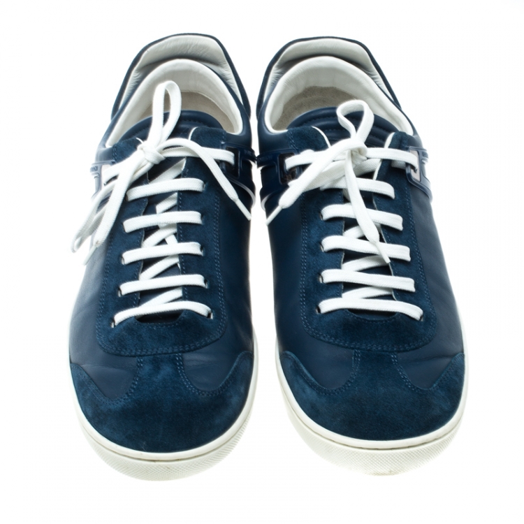 Pre Owned Louis Vuitton Blue Leather and Suede Damier Trimmed Detail Lace Up Sneakers Size 43 