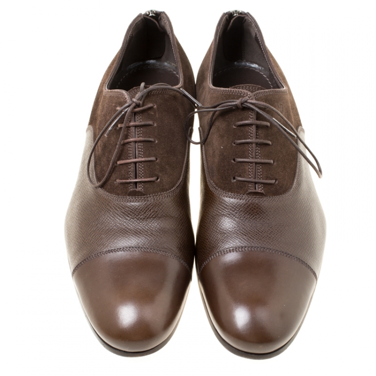 Pre Owned Louis Vuitton Brown Suede and Leather Ardoise Atlas Oxfords Size 41.5