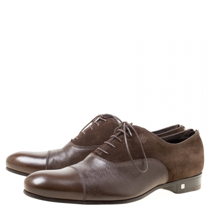 Pre Owned Louis Vuitton Brown Suede and Leather Ardoise Atlas Oxfords Size 41.5
