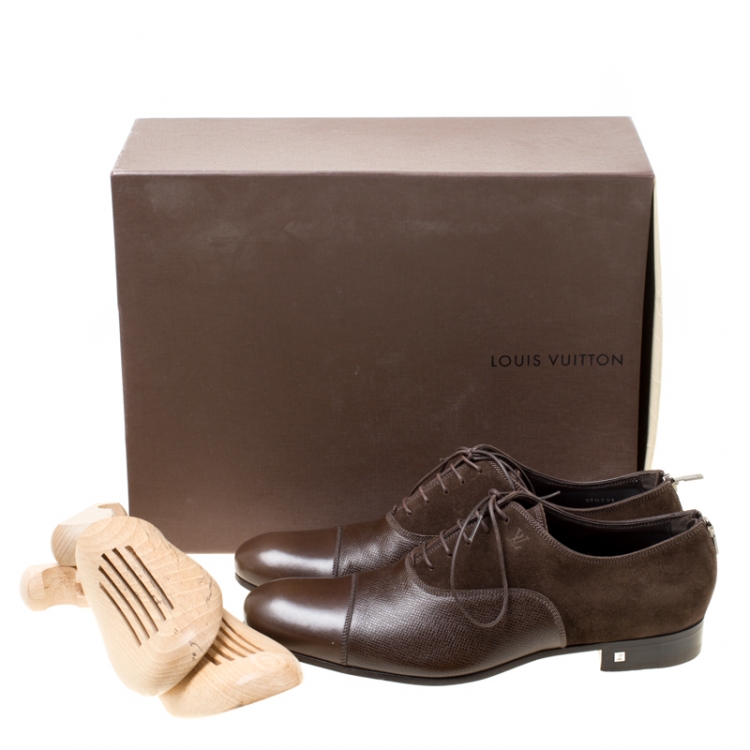 Pre Owned Louis Vuitton Brown Suede and Leather Ardoise Atlas Oxfords Size 41.5