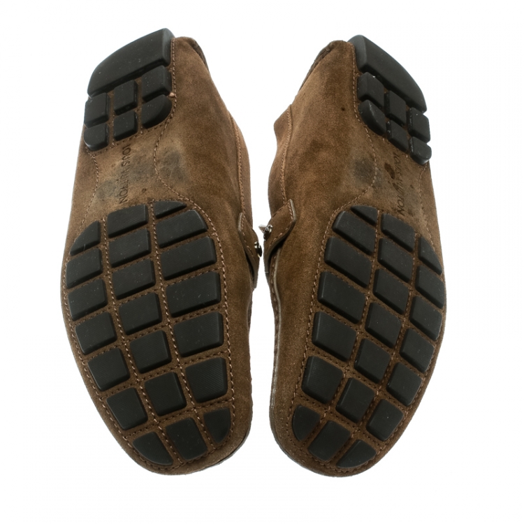 Pre Owned Louis Vuitton Brown Suede Logo Detail Loafer Size 44.5