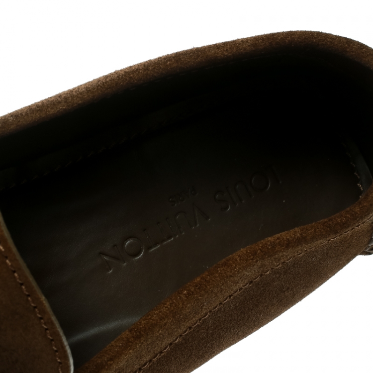 Pre Owned Louis Vuitton Brown Suede Logo Detail Loafer Size 44.5