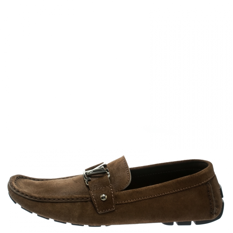 Pre Owned Louis Vuitton Brown Suede Logo Detail Loafer Size 44.5