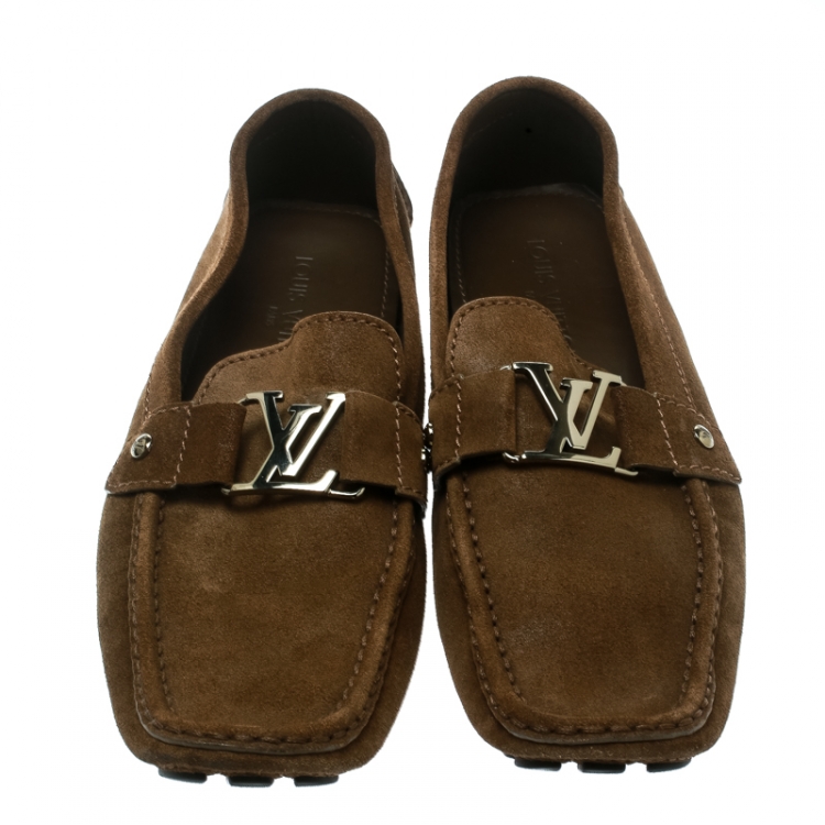 Pre Owned Louis Vuitton Brown Suede Logo Detail Loafer Size 44.5