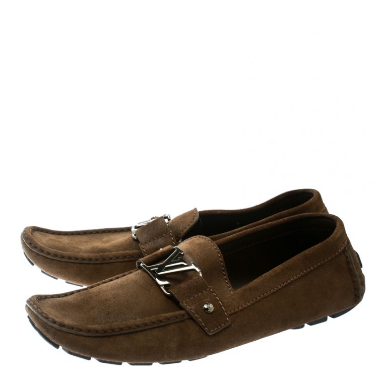 Pre Owned Louis Vuitton Brown Suede Logo Detail Loafer Size 44.5