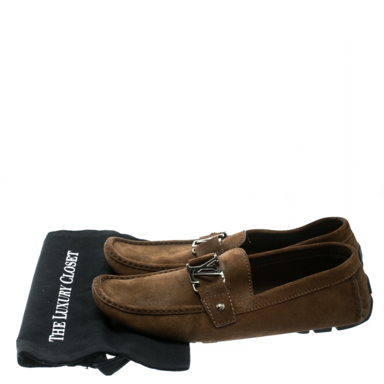 Pre Owned Louis Vuitton Brown Suede Logo Detail Loafer Size 44.5