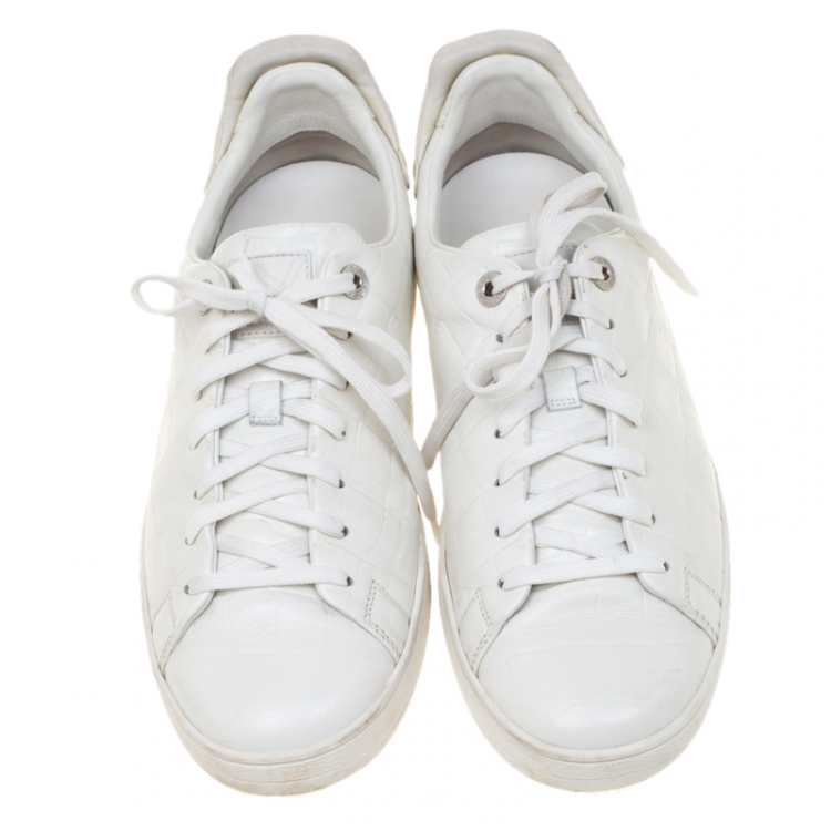 Pre Owned  Louis Vuitton White Croc Embossed Leather Frontrow Sneakers Size 41.5