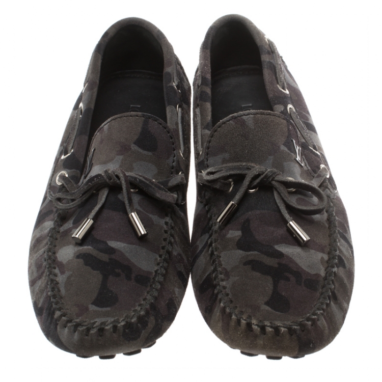 Pre Owned Louis Vuitton Grey Camouflage Print Suede Arizona Loafers Size 42