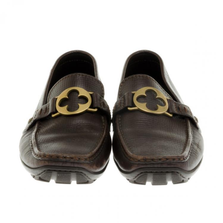 Pre Owned Louis Vuitton Brown Embossed Leather Flower Logo Loafers Size 42