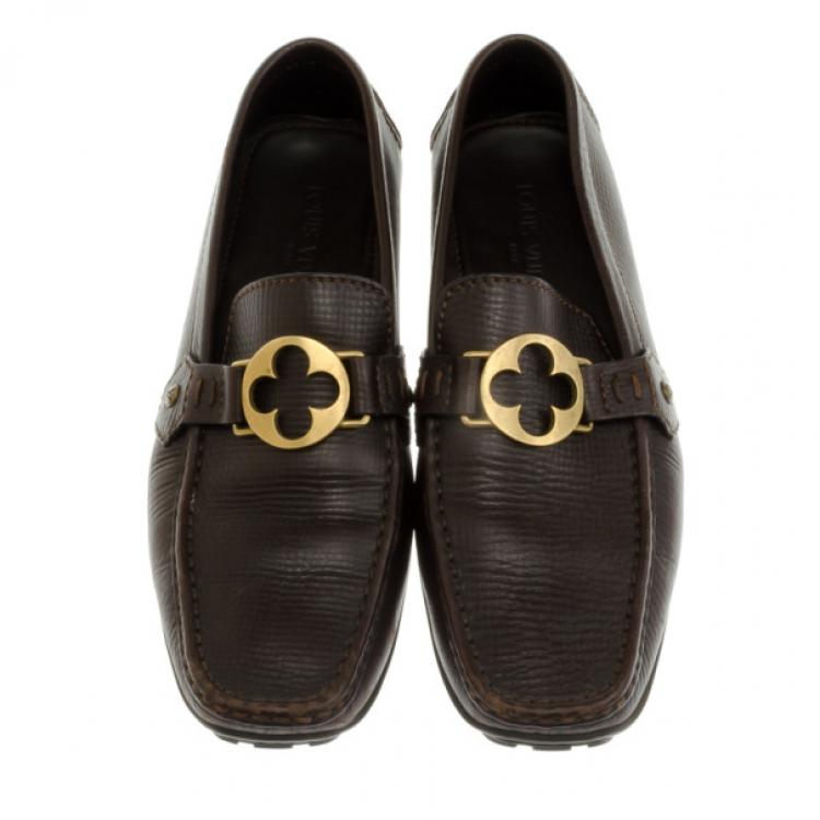Pre Owned Louis Vuitton Brown Embossed Leather Flower Logo Loafers Size 42