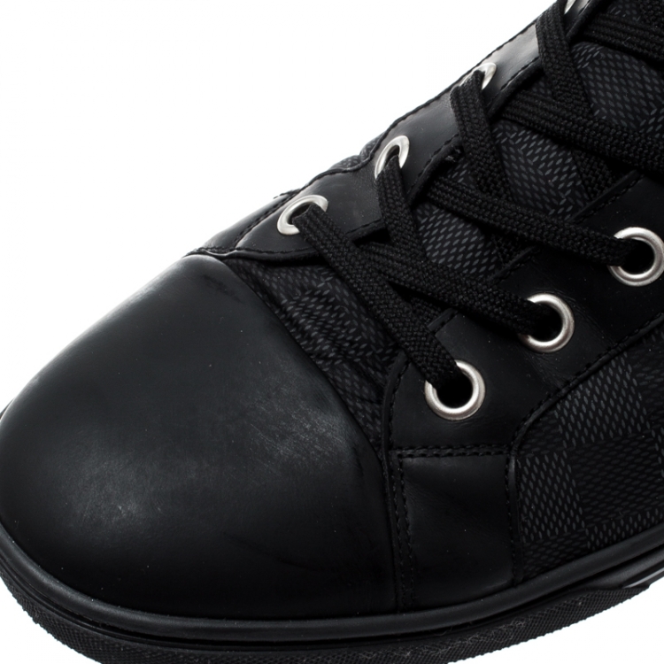 Pre Owned Louis Vuitton Black Damier Graphite Fabric And Suede Trim Zip Up High Top Sneakers Size 45