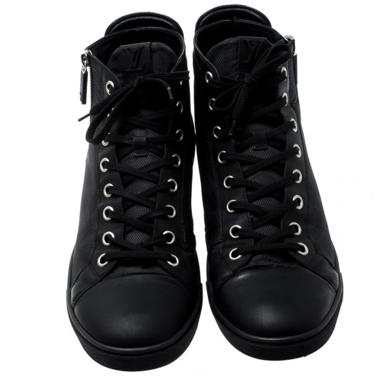 Pre Owned Louis Vuitton Black Damier Graphite Fabric And Suede Trim Zip Up High Top Sneakers Size 45