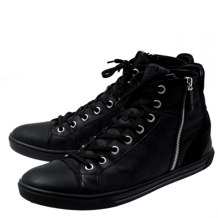 Pre Owned Louis Vuitton Black Damier Graphite Fabric And Suede Trim Zip Up High Top Sneakers Size 45