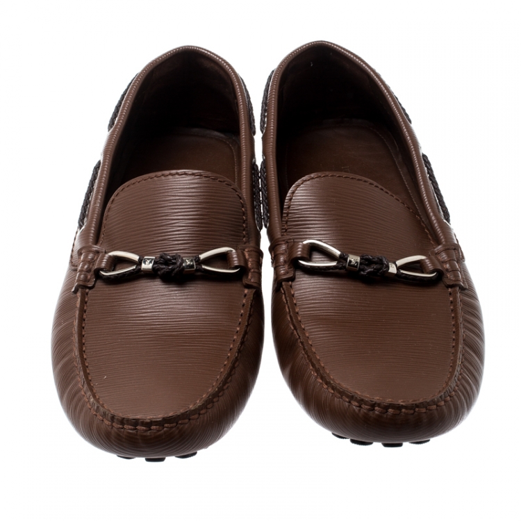 Pre Owned Louis Vuitton Brown Epi Leather Braid Knot Detail Loafers Size 42.5