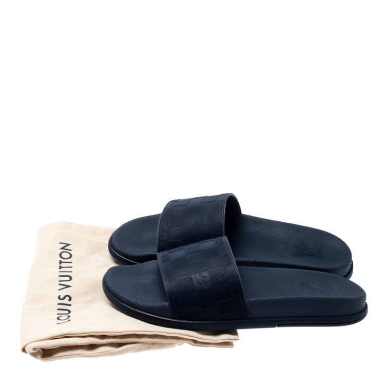 Pre Owned Louis Vuitton Blue Damier Embossed Rubber Waterfront Flat Slides Size 42.5