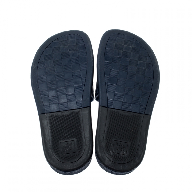 Pre Owned Louis Vuitton Blue Damier Embossed Rubber Waterfront Flat Slides Size 43