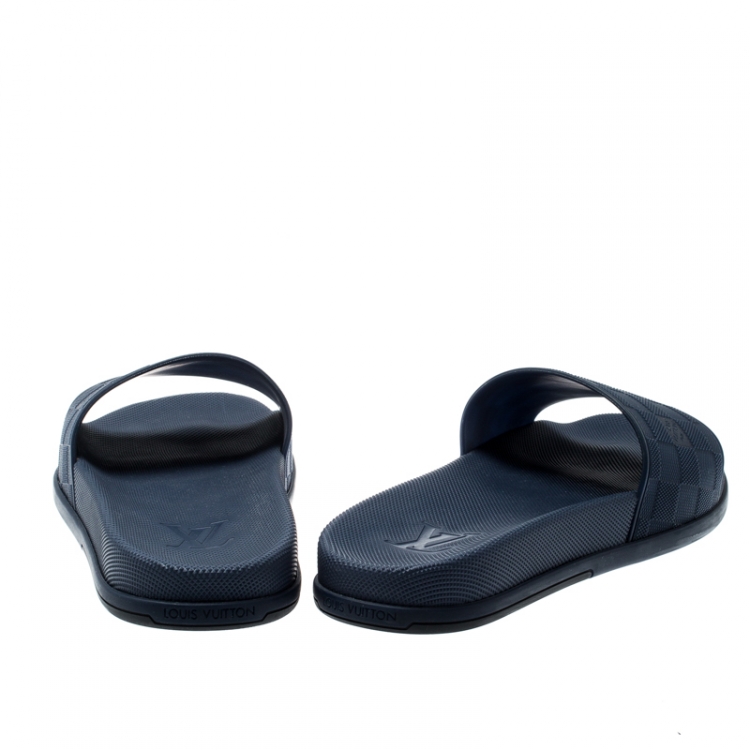Pre Owned Louis Vuitton Blue Damier Embossed Rubber Waterfront Flat Slides Size 43