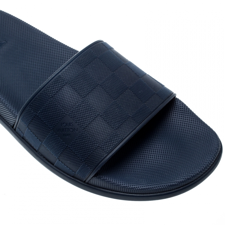 Pre Owned Louis Vuitton Blue Damier Embossed Rubber Waterfront Flat Slides Size 43