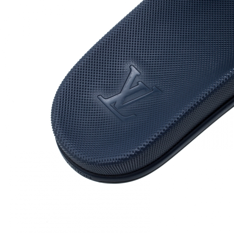 Pre Owned Louis Vuitton Blue Damier Embossed Rubber Waterfront Flat Slides Size 43