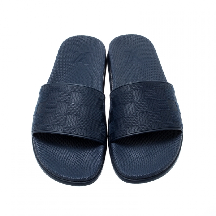 Pre Owned Louis Vuitton Blue Damier Embossed Rubber Waterfront Flat Slides Size 43