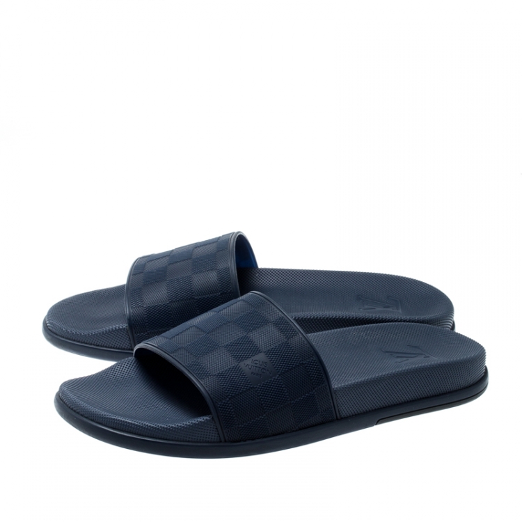 Pre Owned Louis Vuitton Blue Damier Embossed Rubber Waterfront Flat Slides Size 43
