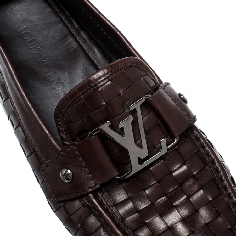 Pre Owned Louis Vuitton Dark Brown Woven Leather Monte Carlo Loafers Size 43