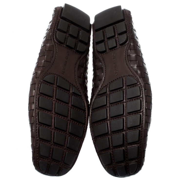 Pre Owned Louis Vuitton Dark Brown Woven Leather Monte Carlo Loafers Size 43