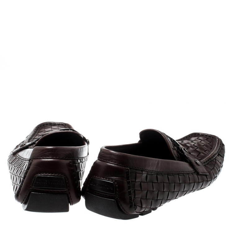 Pre Owned Louis Vuitton Dark Brown Woven Leather Monte Carlo Loafers Size 43