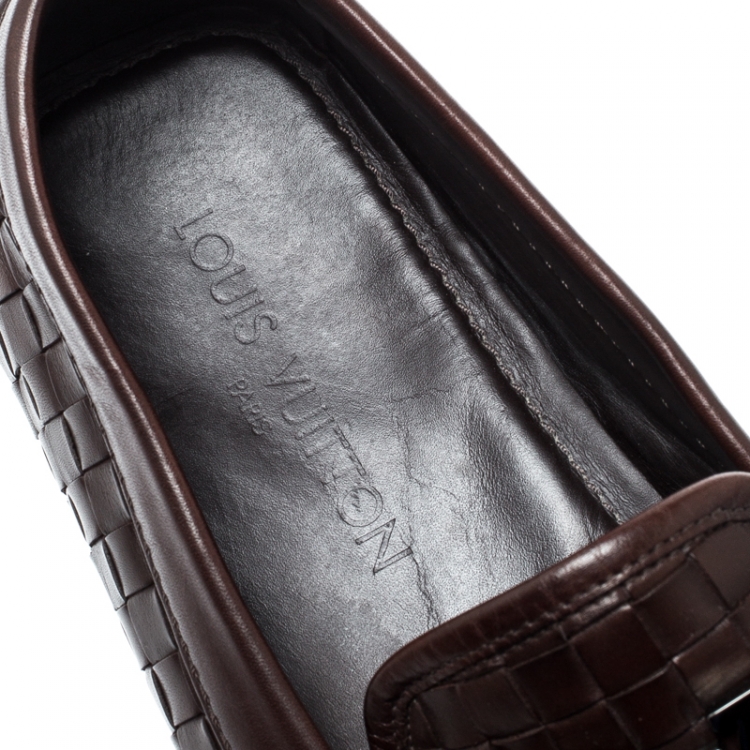 Pre Owned Louis Vuitton Dark Brown Woven Leather Monte Carlo Loafers Size 43
