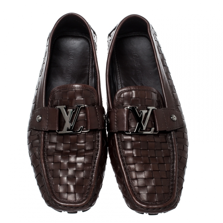 Pre Owned Louis Vuitton Dark Brown Woven Leather Monte Carlo Loafers Size 43