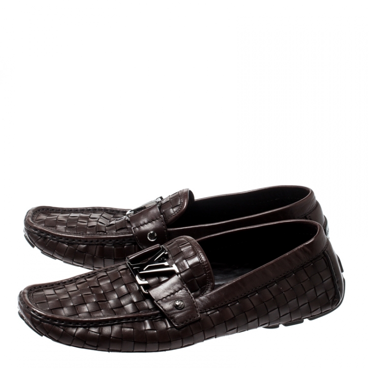 Pre Owned Louis Vuitton Dark Brown Woven Leather Monte Carlo Loafers Size 43