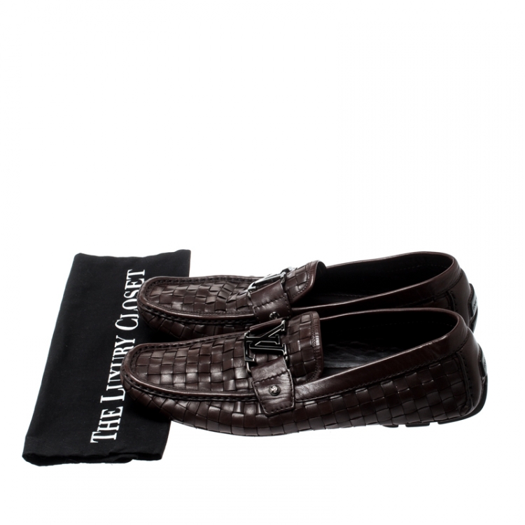 Pre Owned Louis Vuitton Dark Brown Woven Leather Monte Carlo Loafers Size 43