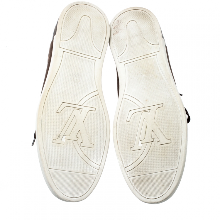 Pre Owned Louis Vuitton Brown Nubuck Leather And Monogram Canvas Line Up Sneakers Size 43.5