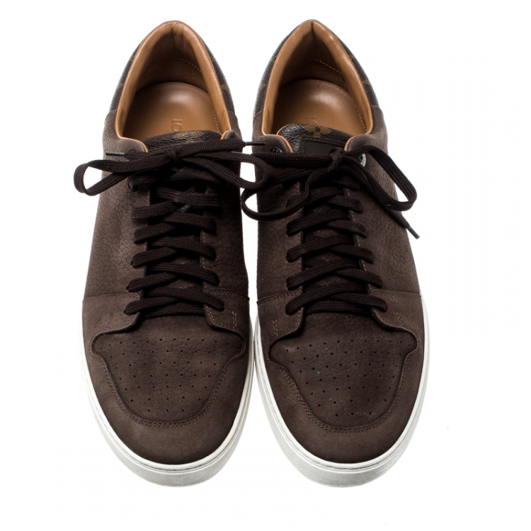 Pre Owned Louis Vuitton Brown Nubuck Leather And Monogram Canvas Line Up Sneakers Size 43.5