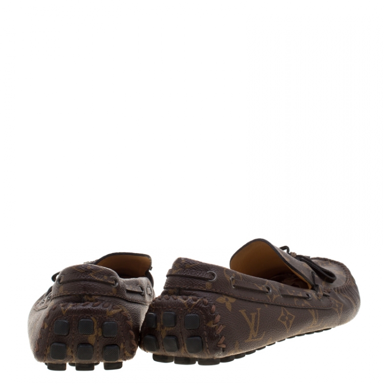 Pre Owned Louis Vuitton Brown Monogram Canvas Bow Detail Moccasins Size 42.5