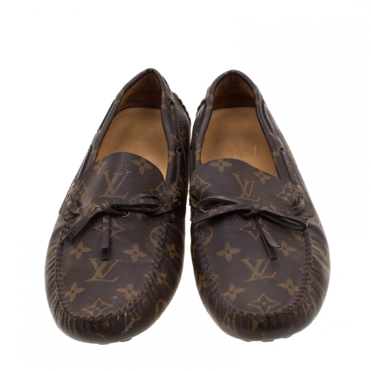 Pre Owned Louis Vuitton Brown Monogram Canvas Bow Detail Moccasins Size 42.5