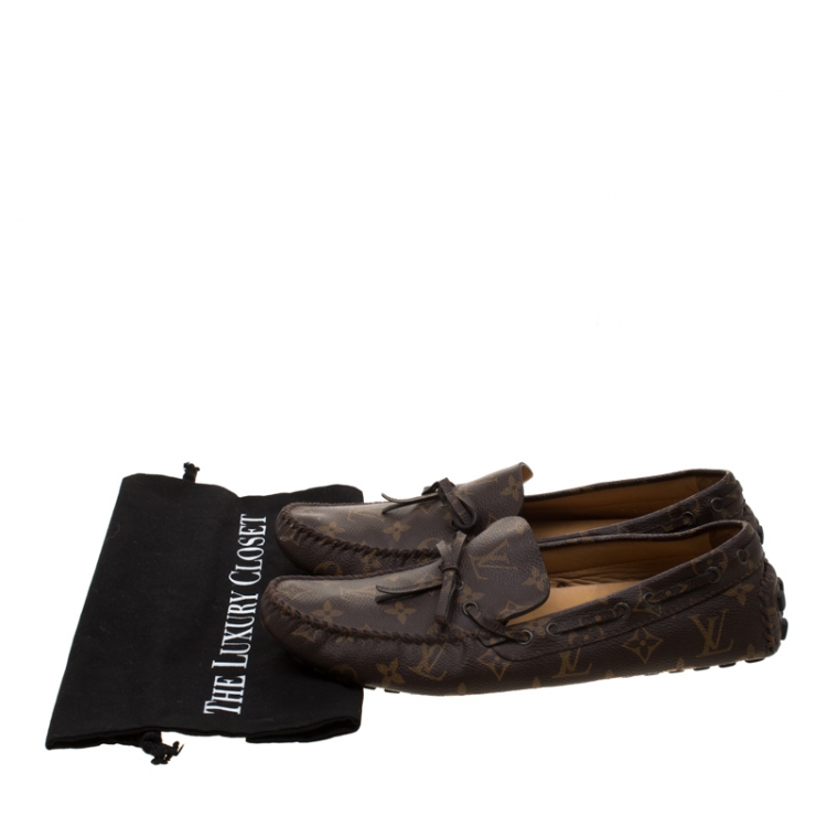 Pre Owned Louis Vuitton Brown Monogram Canvas Bow Detail Moccasins Size 42.5