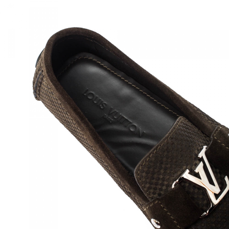 Pre Owned Louis Vuitton Seaweed Green Suede Damier Ebene Check Monte Carlo Loafers Size 44.5