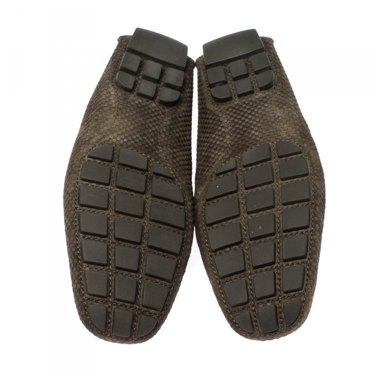 Pre Owned Louis Vuitton Seaweed Green Suede Damier Ebene Check Monte Carlo Loafers Size 44.5