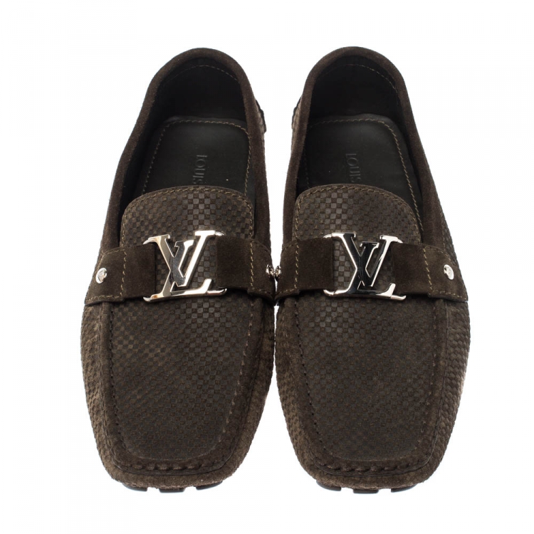 Pre Owned Louis Vuitton Seaweed Green Suede Damier Ebene Check Monte Carlo Loafers Size 44.5