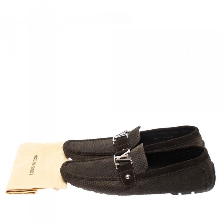 Pre Owned Louis Vuitton Seaweed Green Suede Damier Ebene Check Monte Carlo Loafers Size 44.5