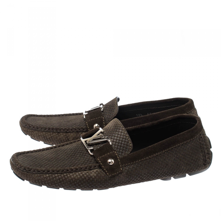 Pre Owned Louis Vuitton Seaweed Green Suede Damier Ebene Check Monte Carlo Loafers Size 44.5