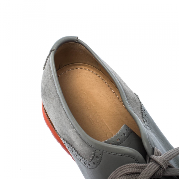 Pre Owned Louis Vuitton Grey Suede and Leather Brogue Lace Up Oxford
